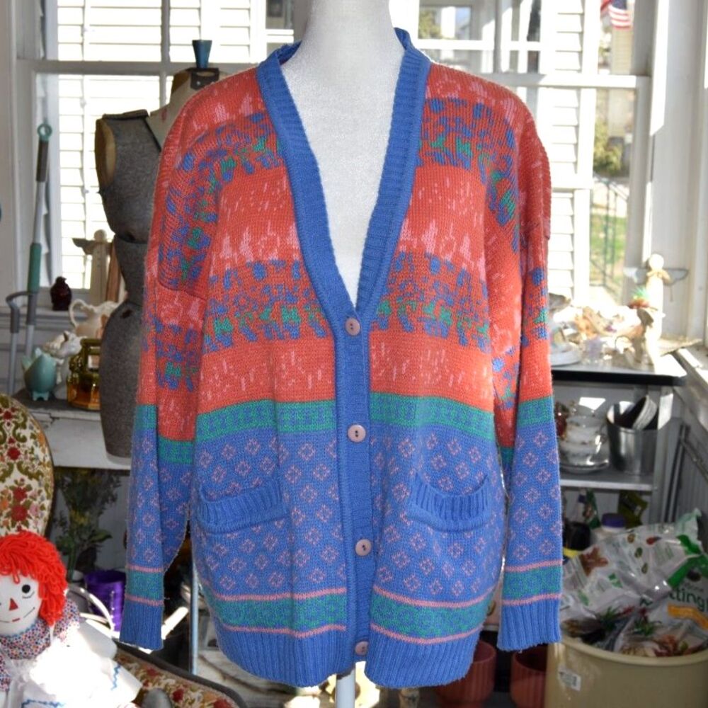 Vintage 90s Lindsay Gray Knit Cardigan Oversized Colorblock Grandpa M